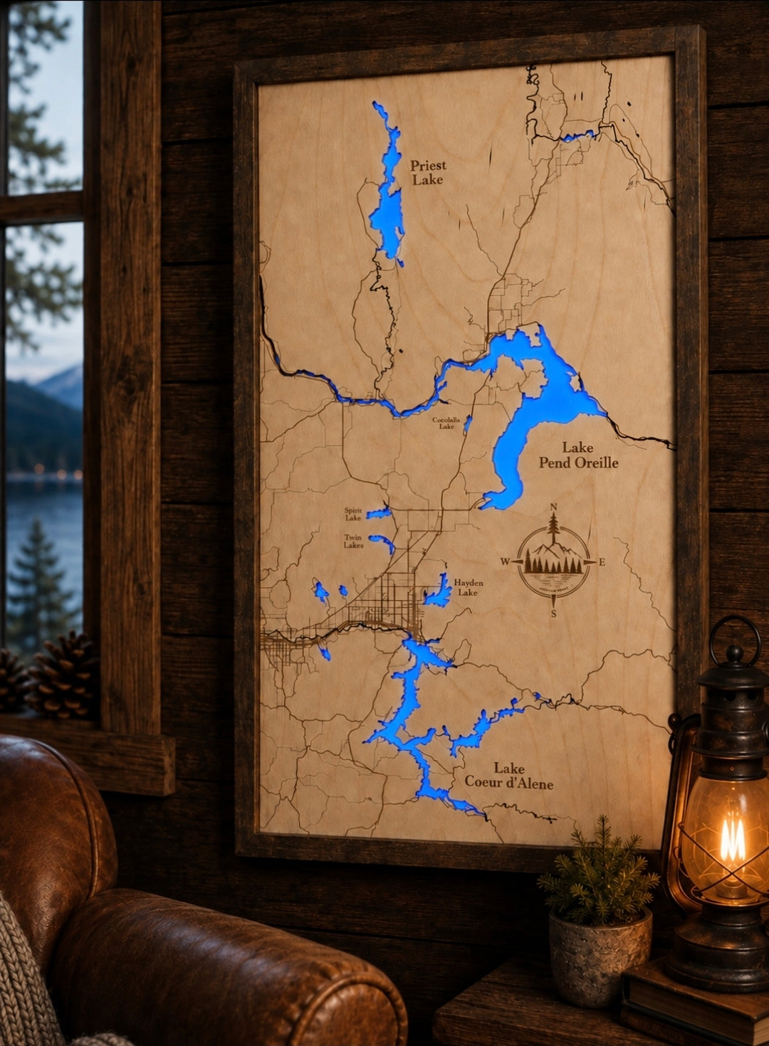 North Idaho Lakes Map — Handcrafted Lighted Birch Wood Wall Art | Priest Lake, Pend Oreille & Coeur d'Alene