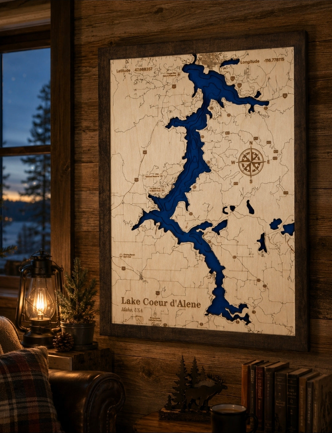 Lighted Lake Coeur d'Alene Depth Map | Handcrafted Wooden Topographic Art