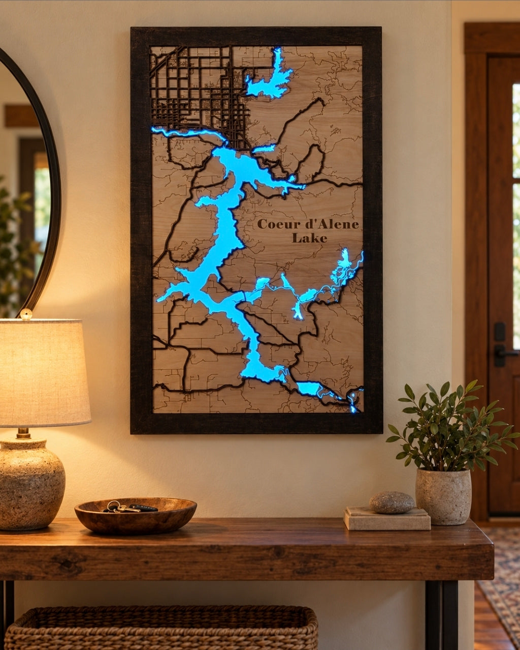 Lighted Lake Coeur d'Alene Map | Handcrafted Wooden Lake Art