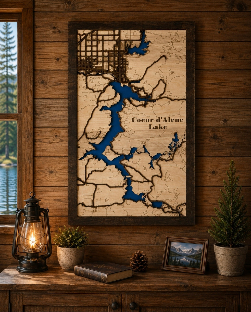 Lighted Lake Coeur d'Alene Map | Handcrafted Wooden Lake Art
